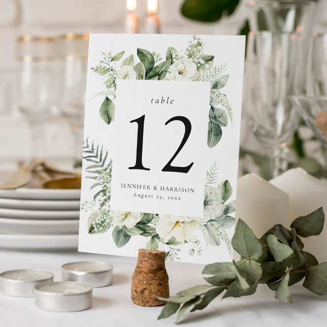 Tarjeta De Mesa Flores blancas exuberantes y Boda del marco verde (Subido por el creador)