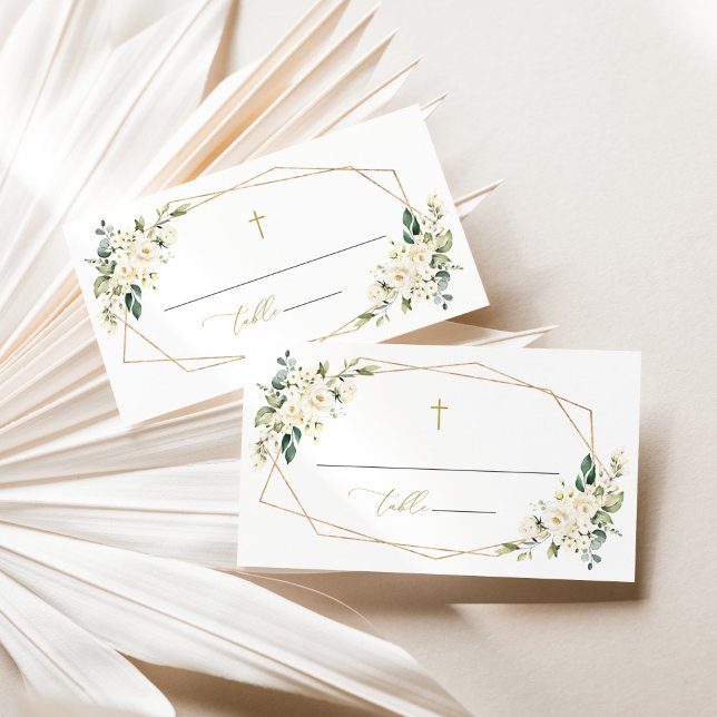 Tarjeta De Mesa Flores blancas, flores crema, Verdor, Bautizo (Subido por el creador)