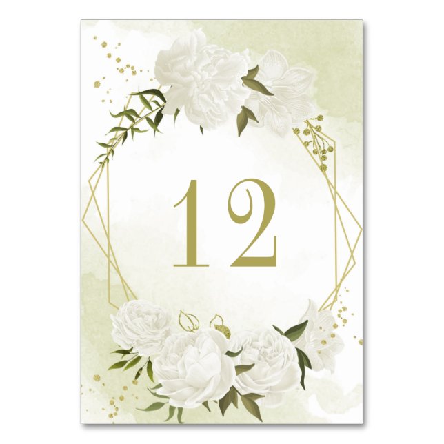 Tarjeta De Mesa Flores blancas románticas verde geométrico oro (Anverso)