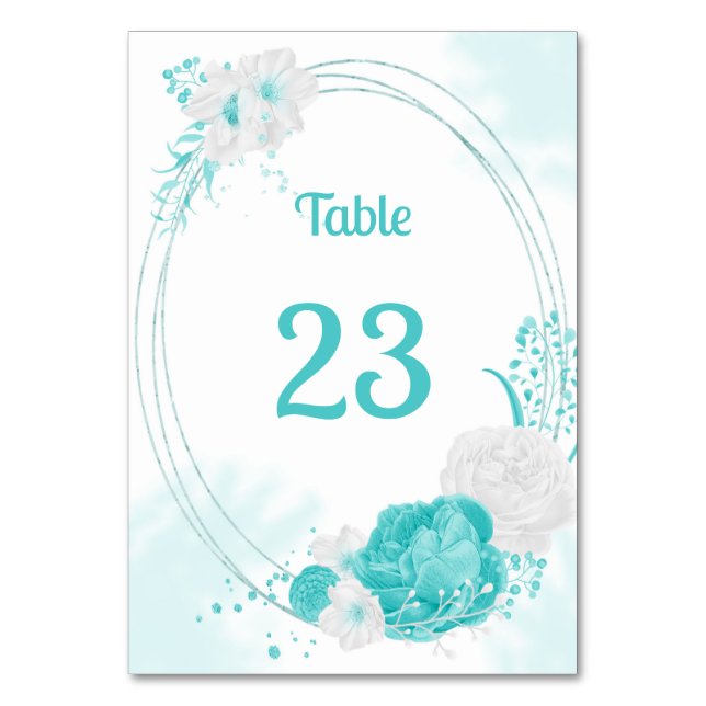 Tarjeta De Mesa flores blancas turquesa guirnalda botánica (Anverso)