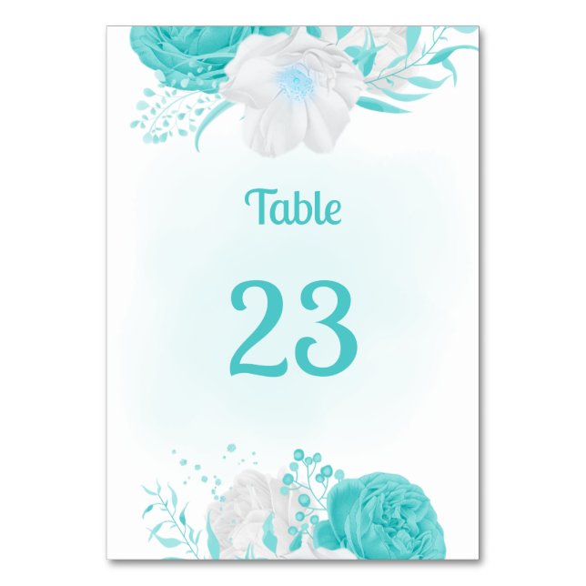 Tarjeta De Mesa flores blancas turquesa número de tabla botánica (Anverso)
