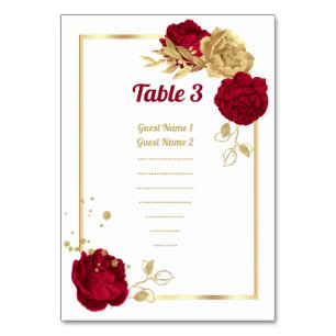 Tarjeta De Mesa flores borgoña y doradas carta de asientos