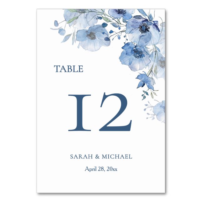 Tarjeta De Mesa Flores de Acuarela Azul  (Anverso)