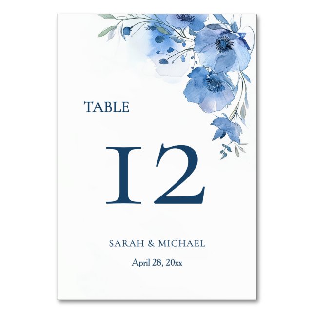 Tarjeta De Mesa Flores de Acuarela Azul  (Anverso)