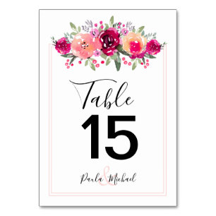 Tarjeta De Mesa Flores de acuarela de Cerise   Número de tabla ros