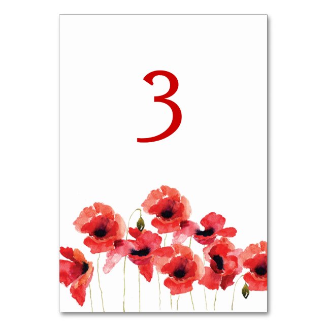 Tarjeta De Mesa Flores de amapola Número de tabla Boda (Anverso)