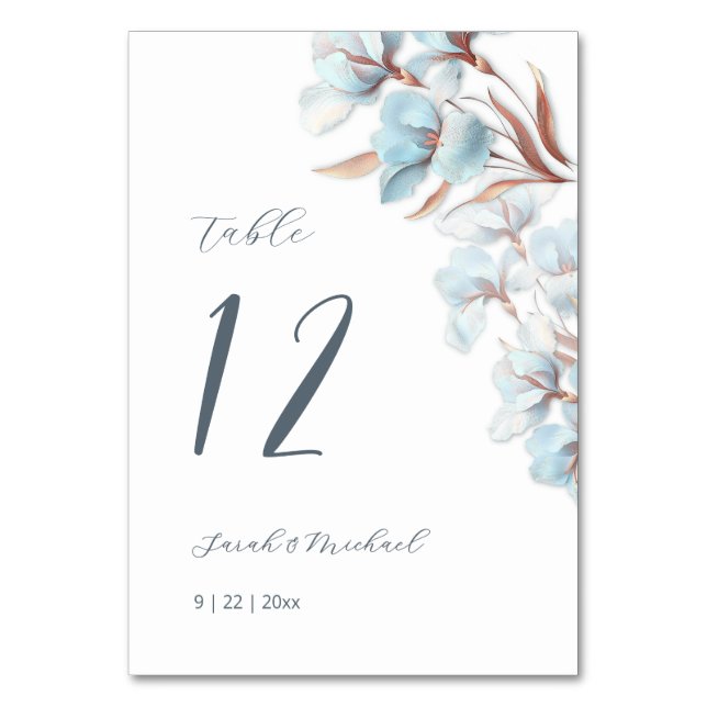 Tarjeta De Mesa Flores de boda azules en capas (Reverso)