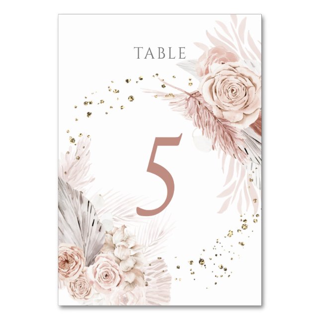 Tarjeta De Mesa Flores de boho acuarela Tabla número 5 (Anverso)