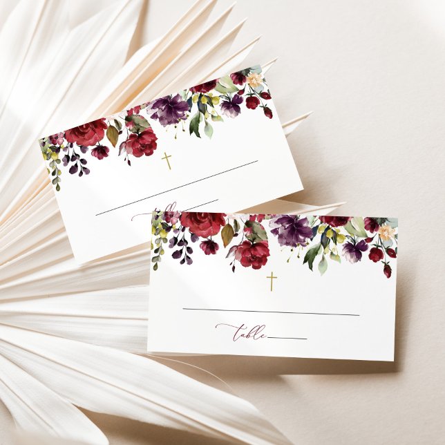 Tarjeta De Mesa Flores de Borgoña, Flores Rosadas, Bautizo Floral (Subido por el creador)