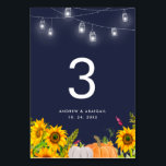 Tarjeta De Mesa Flores de calabaza de calabaza Luces de cadena Bod<br><div class="desc">Las cuerdas de calabaza de girasoles iluminan los números de la tabla Boda azul.</div>