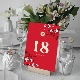 Tarjeta De Mesa Flores de cerezo rojo doble felicidad Boda asiátic