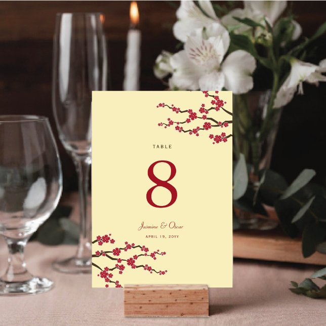 Tarjeta De Mesa Flores de cerezo rojo Sakura floridas Boda asiátic (Red/Cream Cherry Blossoms Sakura Flowers Elegant Asian Wedding Table Number Card @ fat_fa_tin)