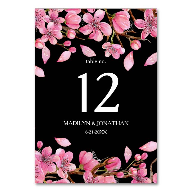 Tarjeta De Mesa Flores De Cerezo Rosa En Negro (Anverso)