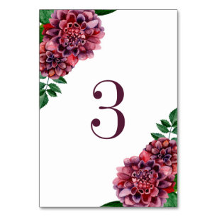 Tarjeta De Mesa Flores de dalias burgundy acuarela. Boda dalias