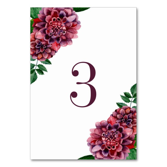 Tarjeta De Mesa Flores de dalias burgundy acuarela. Boda dalias (Anverso)