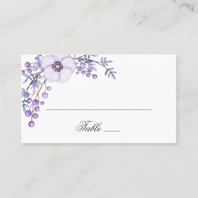 Tarjeta De Mesa Flores de jardín moradas. Boda floral violeta (Anverso)