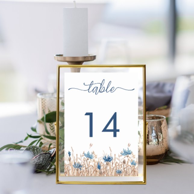 Tarjeta De Mesa Flores de maíz azul y crema de trigo Boda moderno (Subido por el creador)