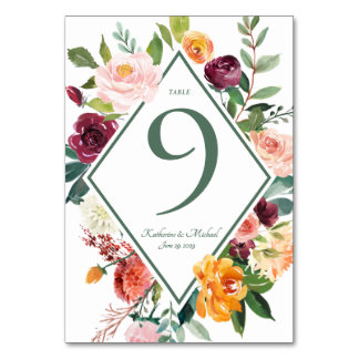 Tarjeta De Mesa Flores de otoño: números de tabla verde de sabio r