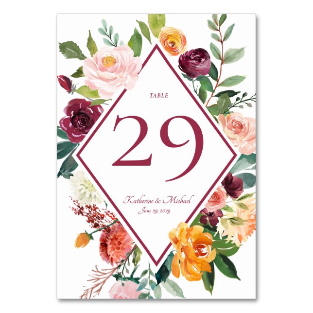 Tarjeta De Mesa Flores de otoño Wine Red Rustic Table Numbers (Anverso)