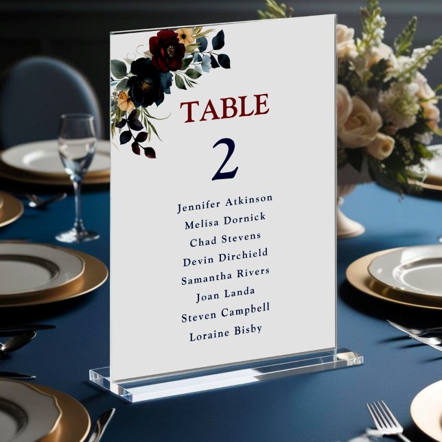 Tarjeta De Mesa Flores elegantes de boda azules marino burgundy pa (Subido por el creador)
