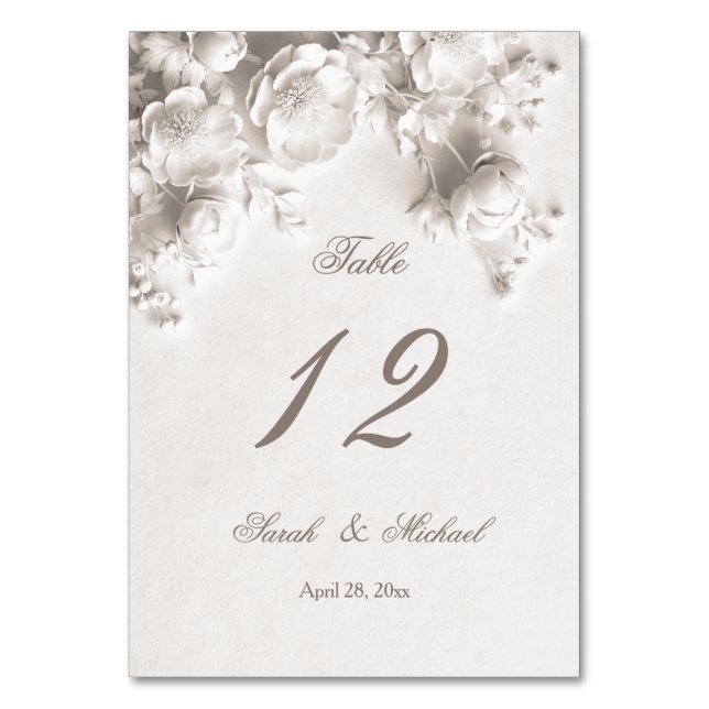 Tarjeta De Mesa Flores esculpidas blancas boda   (Anverso)
