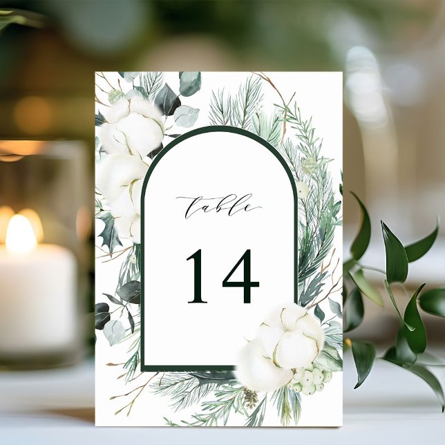 Tarjeta De Mesa Flores Evergreen y Cotton Elegante Boda (Subido por el creador)