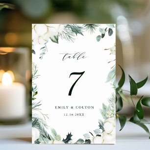 Tarjeta De Mesa Flores Evergreen y Cotton Elegante Boda