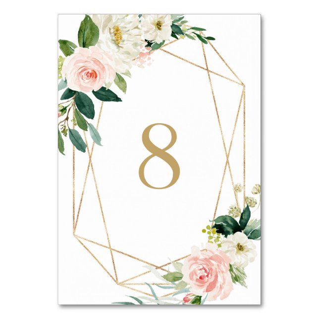 Tarjeta De Mesa Flores Geométricas Acuarela Primavera Mesa 8 Boda (Anverso)