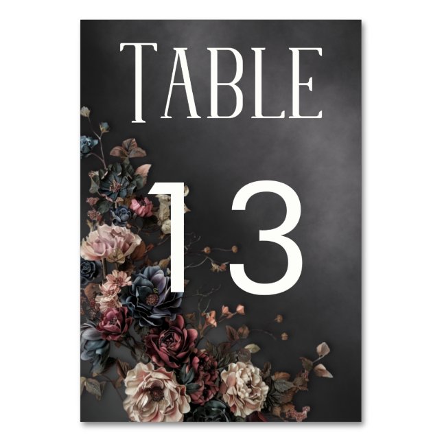 Tarjeta De Mesa Flores góticas moradas y Boda húmedo negro (Anverso)