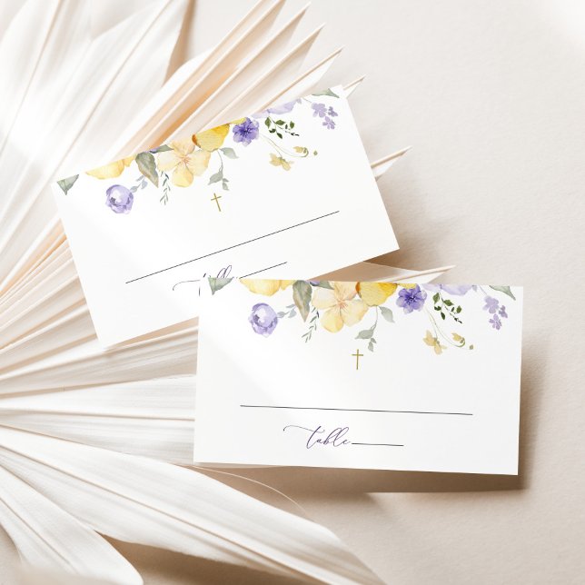 Tarjeta De Mesa Flores Moradas, Flores Amarillas, Boho, Bautizo (Subido por el creador)