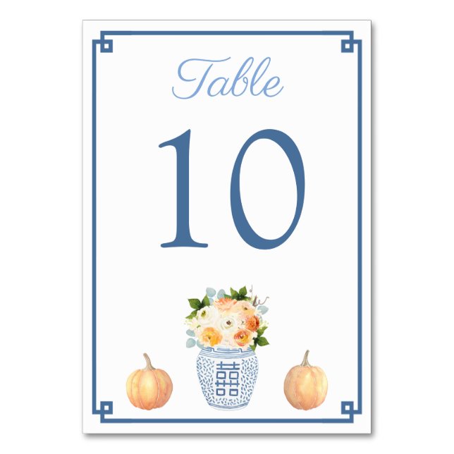 Tarjeta De Mesa Flores otoñales Calabaza Chinoiserie Moda Boda Azu (Anverso)