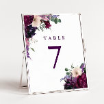 Tarjeta De Mesa Flores púrpura exuberantes | Boda romántico<br><div class="desc">Flores acuáticas en tonos burdeos ricos,  lila suave,  orquídea de berenjena profunda púrpura y rosa con modernos productos botánicos verdes como helechos y eucaliptos en estas románticas y elegantes tarjetas de números de mesa boho.</div>