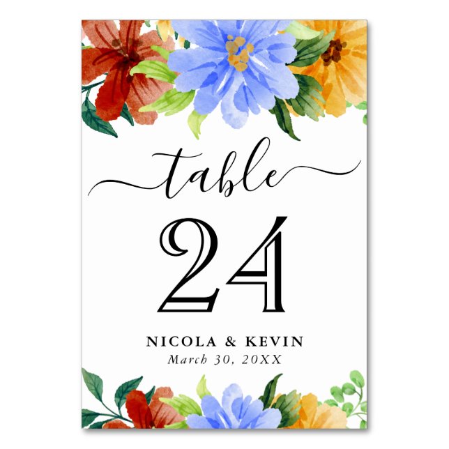 Tarjeta De Mesa Flores Rojas, Amarillas y Azules Boda (Anverso)