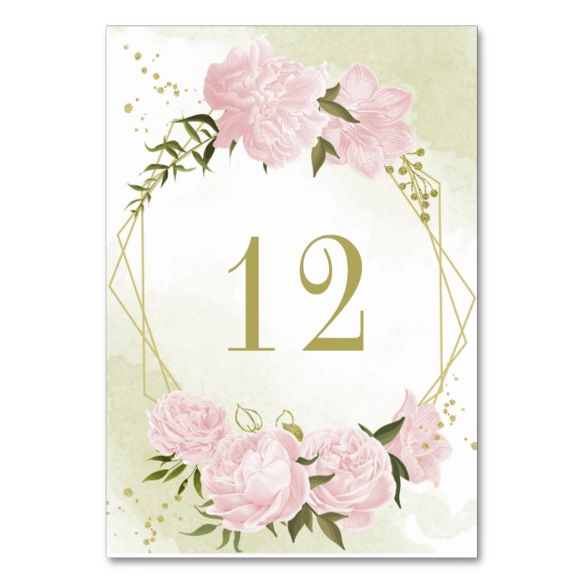 Tarjeta De Mesa Flores rosa románticas verde geométrico oro (Anverso)