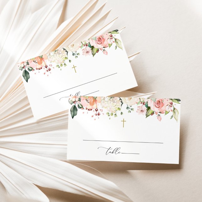 Tarjeta De Mesa Flores rosadas, flores blancas, Boho, Bautismo flo (Subido por el creador)