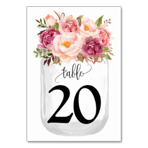 Tarjeta De Mesa Flores rosadas Matrimonio rural Mason Jar