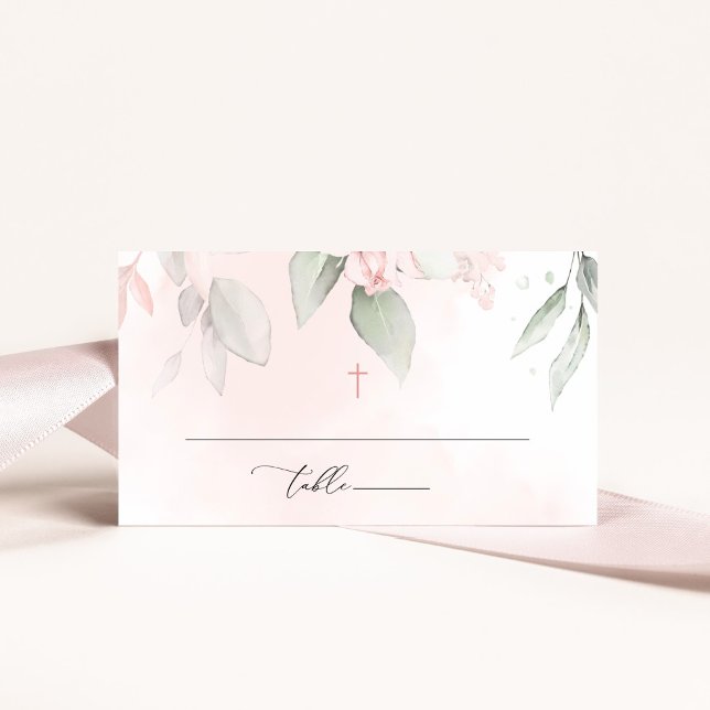 Tarjeta De Mesa Flores rosadas sonrojadas, Verdor, Boho, Bautizo f (Subido por el creador)