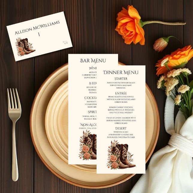 Tarjeta De Mesa Flores rurales occidentales con carne de vaquero (Country Western-Flowers with Cowboy Boots-Wedding Place Cards with Meal Icons)