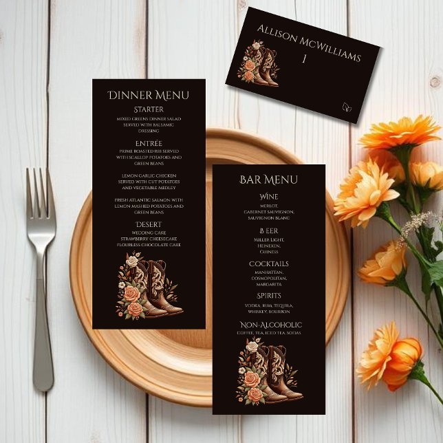 Tarjeta De Mesa Flores rurales occidentales con carne de vaquero (Country Western-Flowers with Cowboy Boots-Wedding Place Cards with Meal Icons)