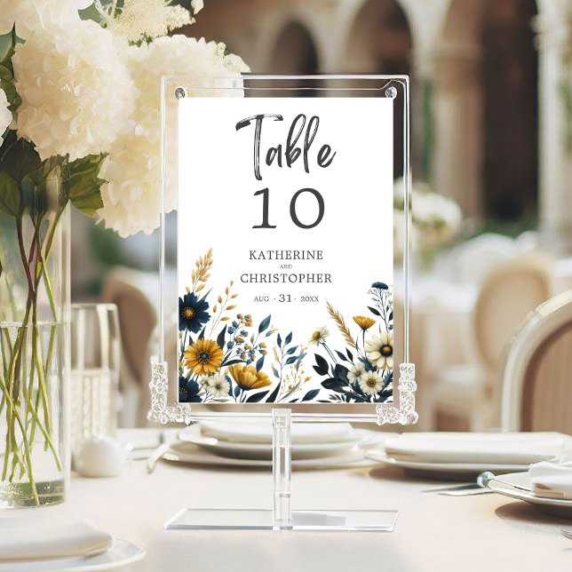 Tarjeta De Mesa Flores salvajes amarillas azules elegante matrimon (Blue Yellow Wildflowers Elegant Wedding Table Number.)