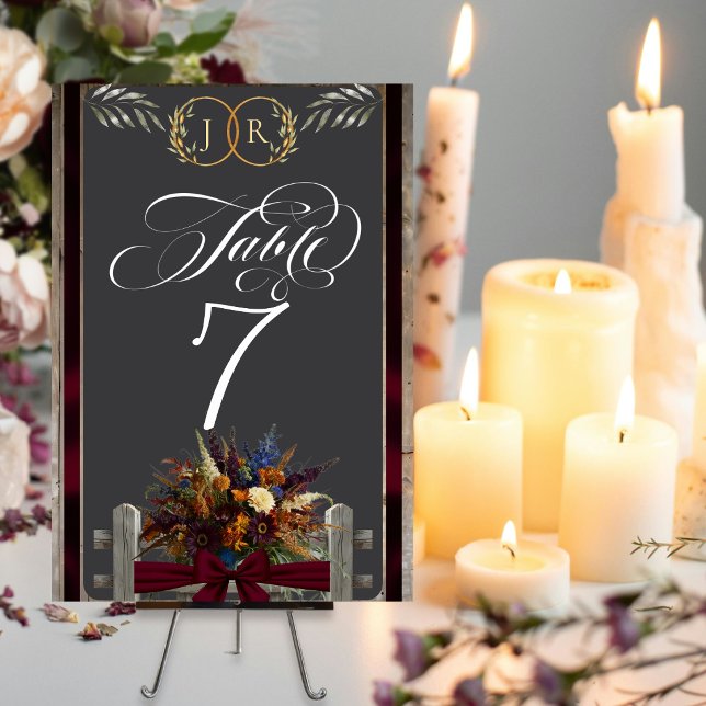 Tarjeta De Mesa Flores silvestres, cinta y monograma - Burdeos (Subido por el creador)