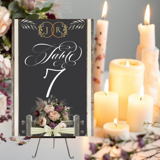 Tarjeta De Mesa Flores silvestres, cinta y monograma - Crema (Subido por el creador)