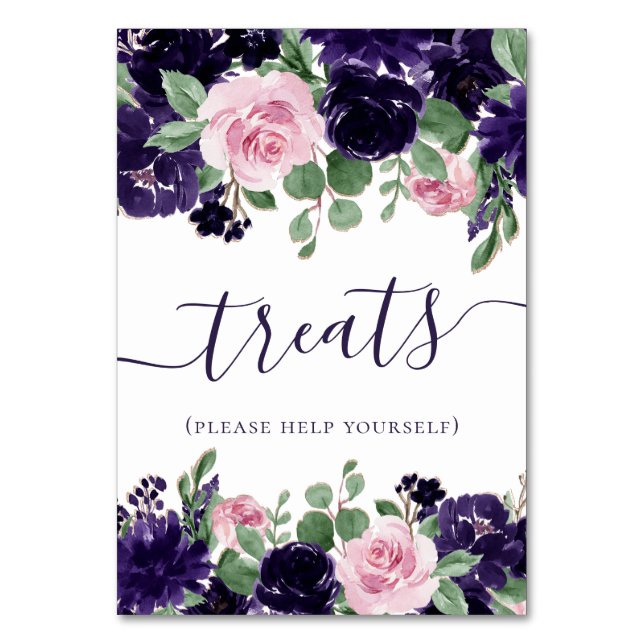 Tarjeta De Mesa Flores | Tratamientos de rosas moradas y rosas (Anverso)