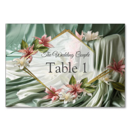 Tarjeta De Mesa Flores verdes, crema, sedas y rosadas