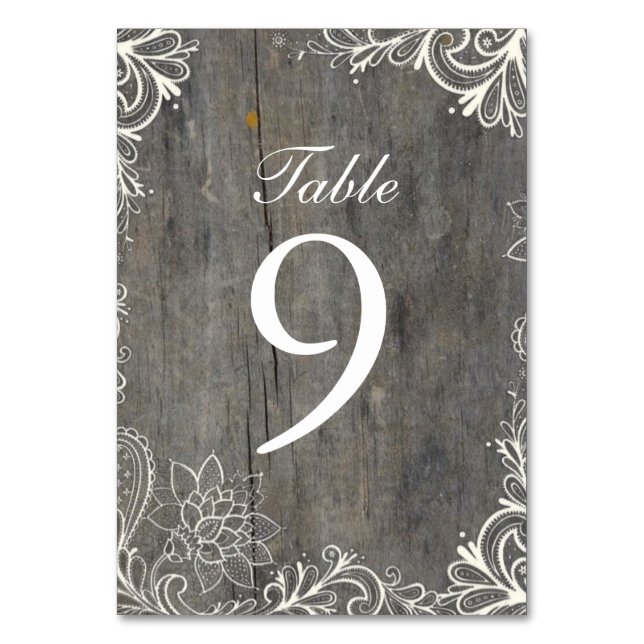 Tarjeta De Mesa flourils swirls lace wood country boda (Reverso)