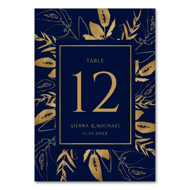 Tarjeta De Mesa Foliage dorado | Elegante Boda Azul de la Marina d (Anverso)