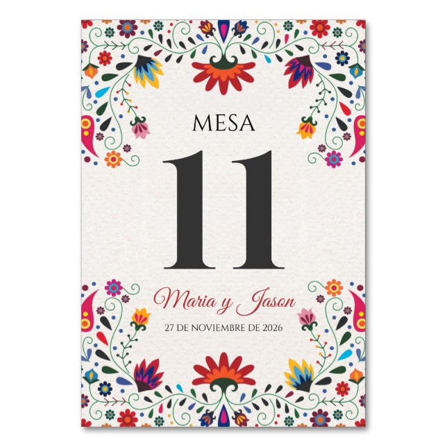 Tarjeta De Mesa Folk Art Floral Botanical Fiesta Spanish Wedding (Anverso)