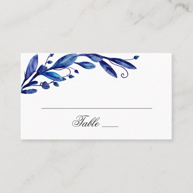 Tarjeta De Mesa Follaje azul acuarela. Boda botánico de la Marina (Anverso)