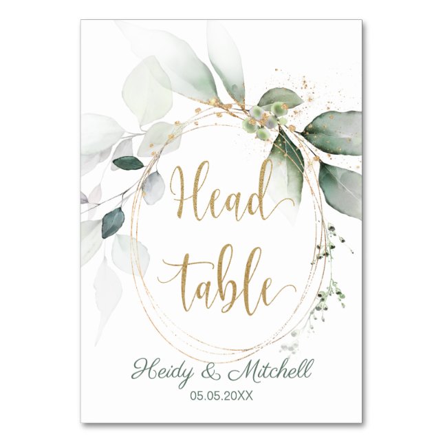 Tarjeta De Mesa Follaje verde y dorado, mesa principal, (Anverso)