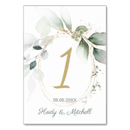 Tarjeta De Mesa Follaje verde y dorado, número de tabla Boda